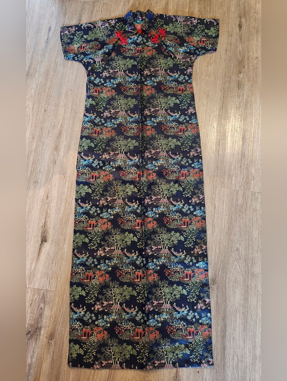 Navy Scenic-Print Cheongsam Dress with Red Frog Buttons